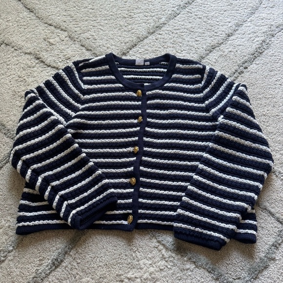 Gap sweater jacket navy blue white striped gold buttons cotton knit preppy XXL - Picture 1 of 10